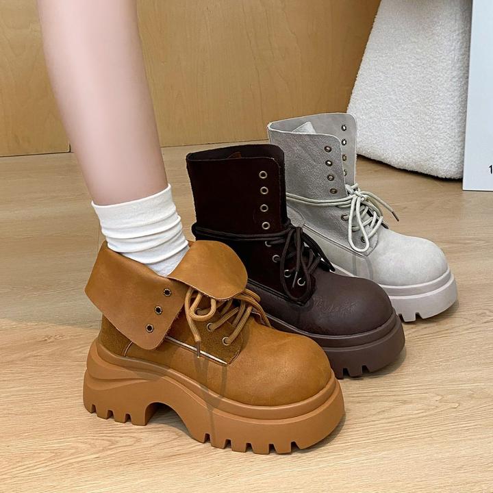 2025秋季新款英伦风大黄靴女两穿大头覆古厚底松糕系带中跟马丁