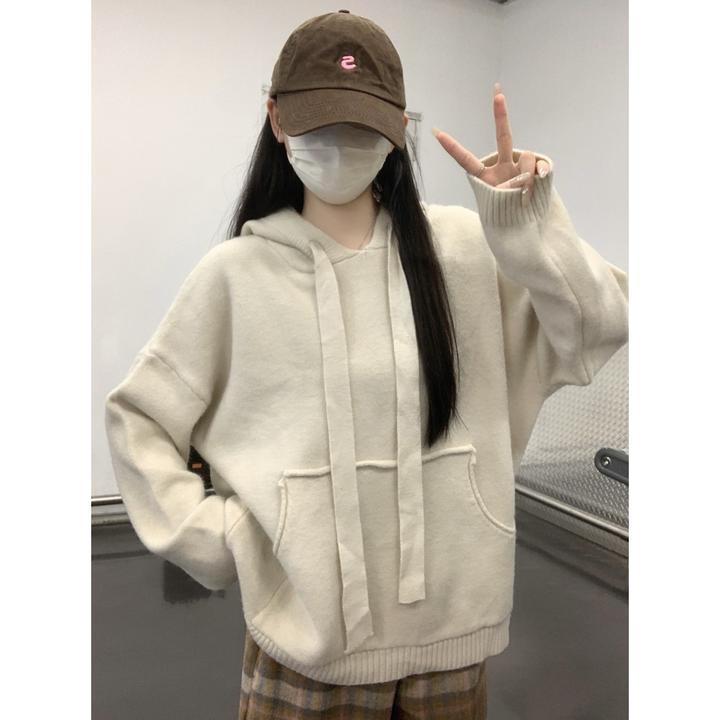 秋冬韩版宽松连帽口袋设计感北极绒针织衫长袖内搭毛衣