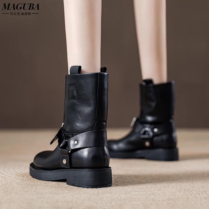 玛古芭真皮马丁靴女秋季厚底增高显瘦复古英伦风时尚休闲百搭女靴