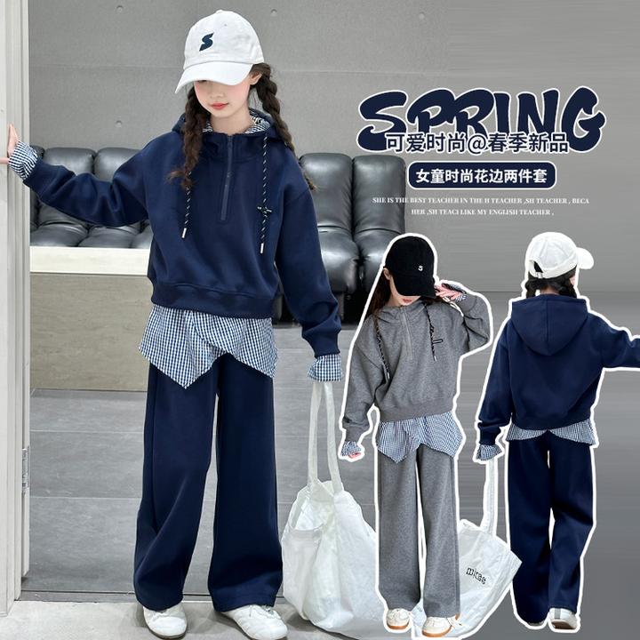 女大童春秋套装2025新款韩版女孩休闲宽松连帽卫衣格子拼接两件套