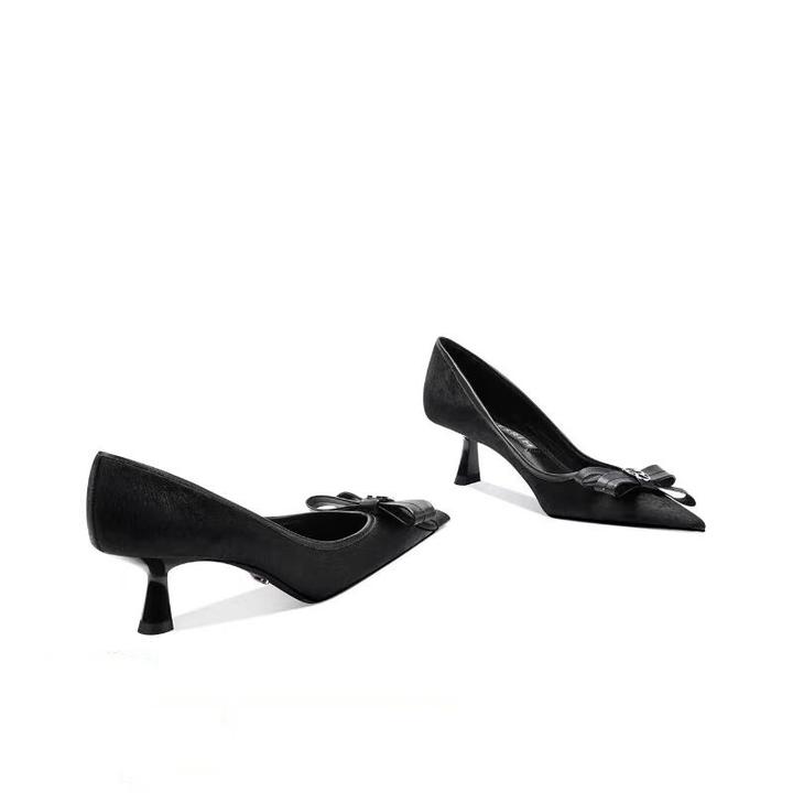 蝴蝶结黑色单鞋女2025春季新款马毛中高跟女鞋舒适不累脚工作女鞋