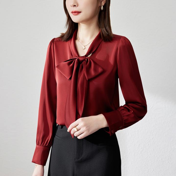 长袖衬衫女缎面款高级感轻奢上衣蝴蝶结法式通勤白色衬衣