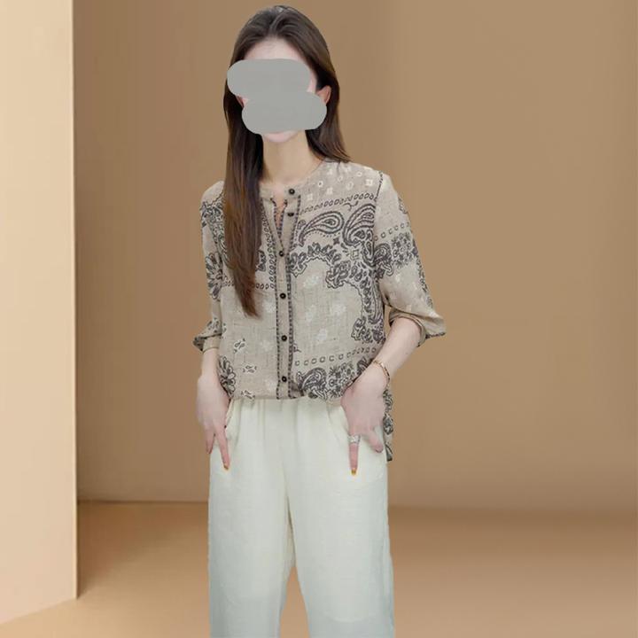 法式圆领衬衫女夏季2025新款时尚显瘦减龄别致设计感印花休闲上衣