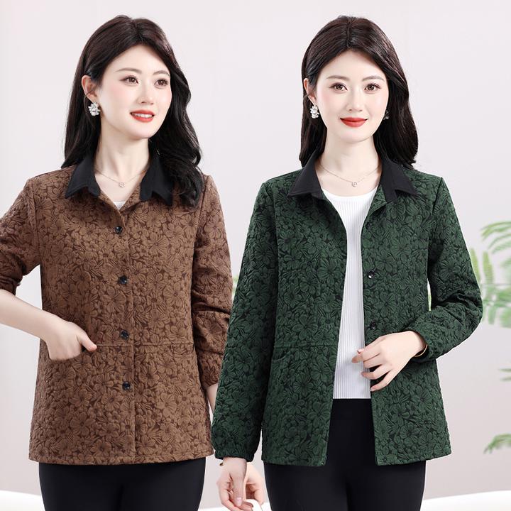 洋气常规款女士翻领外套衬衣大码提花长袖春秋中年中老年女装口袋