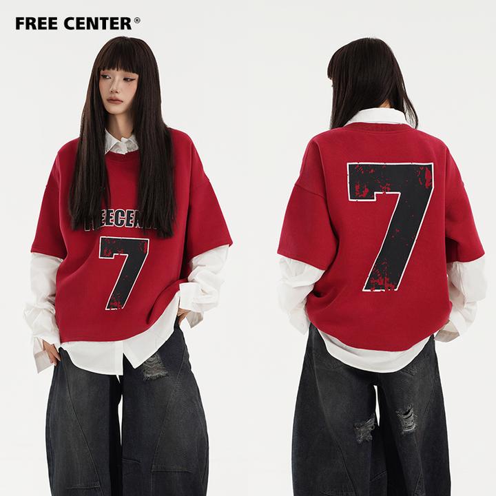 Free Center美式复古假两件卫衣男女拼接设计感宽松情侣上衣秋冬
