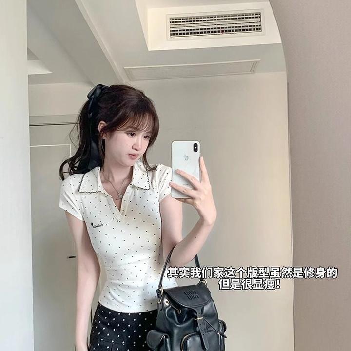 白色波点POLO衫撞色翻领短袖t恤女夏季修身收腰独特超好看上衣ins