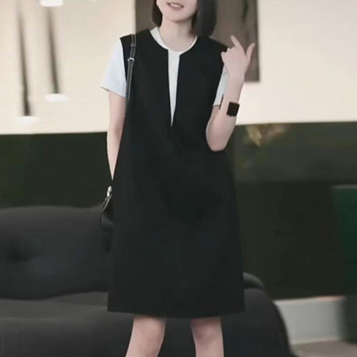 时尚高级感简约背心裙两件套女2025夏季纯色短袖t恤百搭V领连衣裙