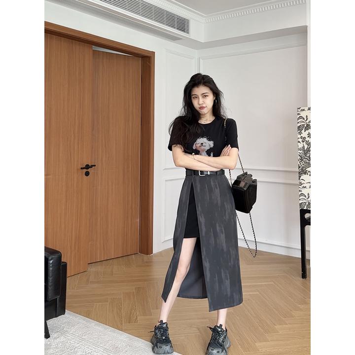 【现货速发】张阿星假两件不规则连衣裙卡通印花T恤拼接水墨印染裙