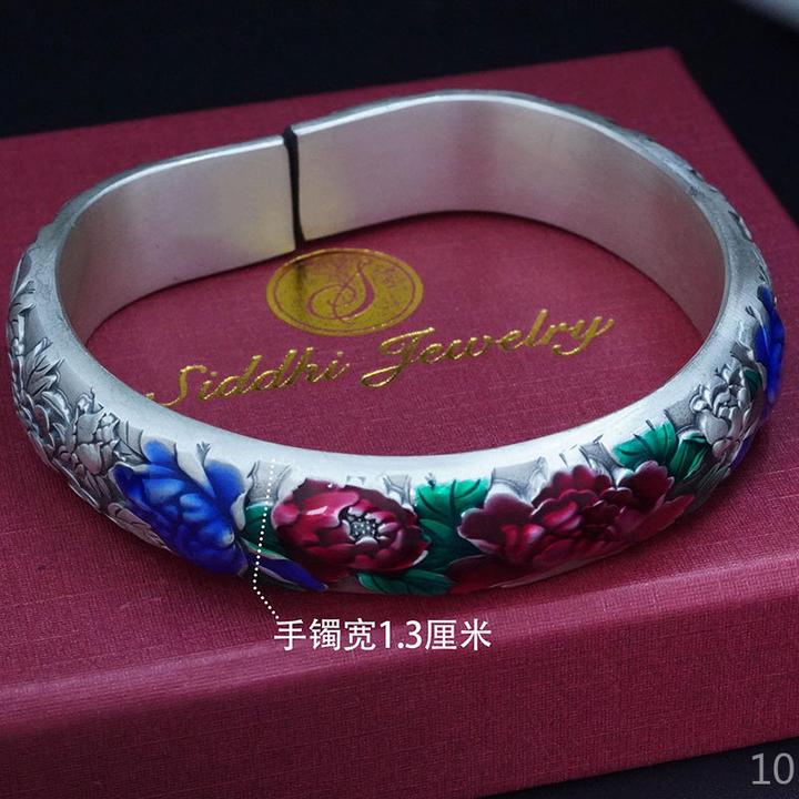 铜合金手镯 十二花神手镯珐琅彩花开富贵牡丹花复古马蹄镯手环手