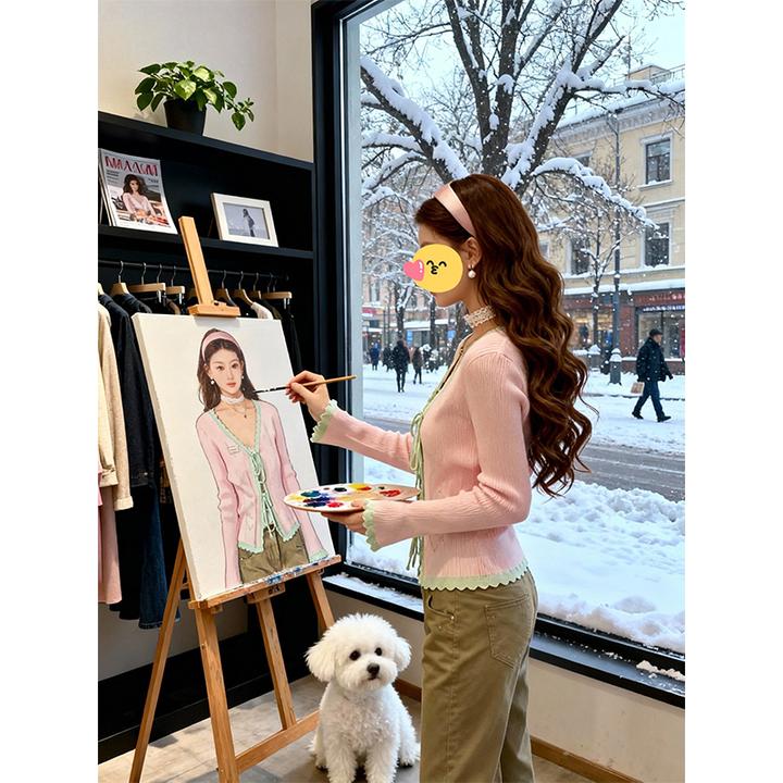 韩系漂亮绝美氛围感粉色细带针织开衫女秋季爆款高级感巨好看上衣