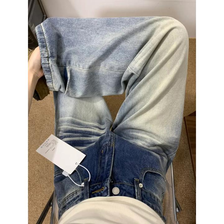 微胖mm休闲通勤风百搭牛仔裤女秋冬新款复古水洗低腰拖地直筒长裤