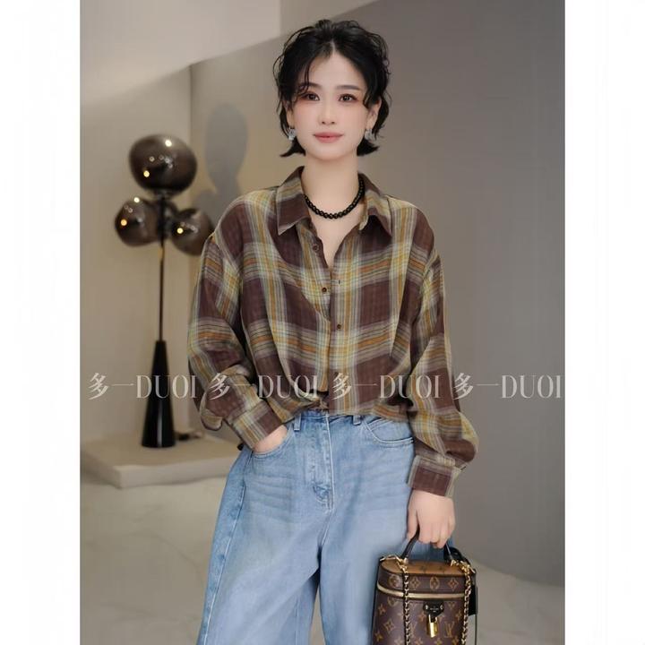 多一“绿野仙踪”2025春夏新款宽松百搭慵懒风复古格子衬衫