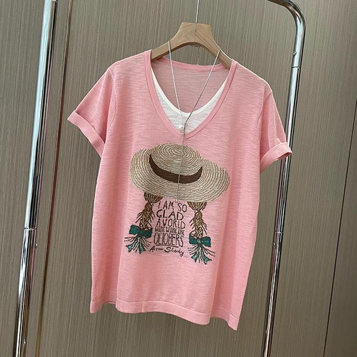 韩版小众百搭上衣新款撞色假两件V领宽松显瘦针织短袖女2025夏季