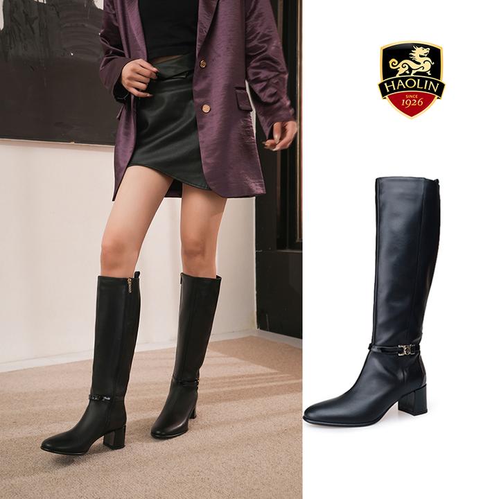豪麟名鞋迪嘉女鞋长靴时尚女靴粗跟长筒时装过膝靴羊皮革W25270