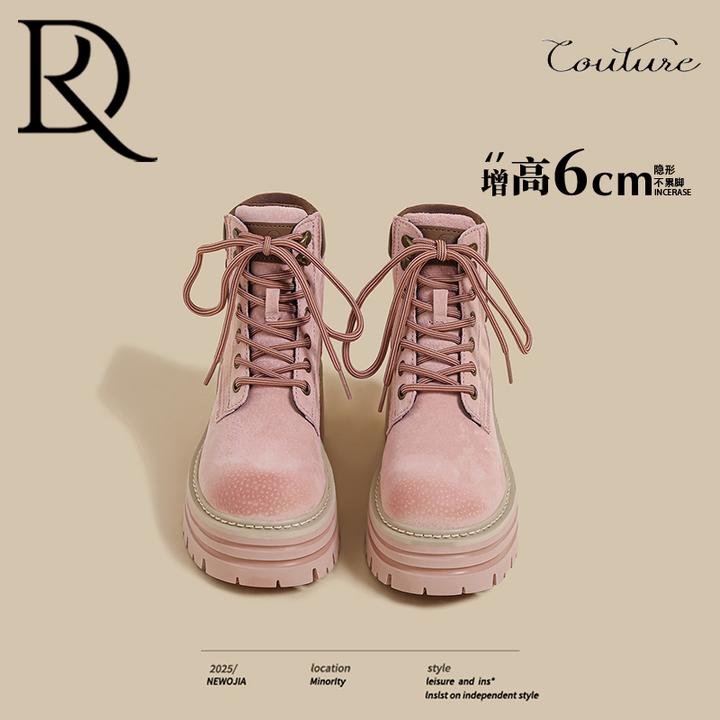 【增高6CM】2025秋冬加绒厚底大黄靴女粉色磨砂英伦骑士靴马丁短靴