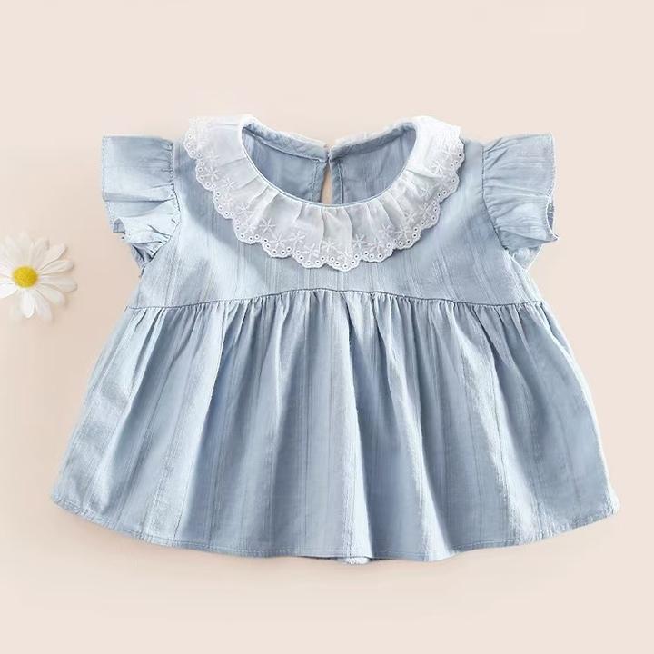 纯棉2025新款女童宝宝娃娃衫夏季小衫韩系花边领飞飞袖衬衫上衣