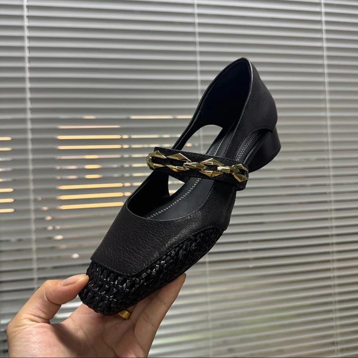 3cm/羊皮/法式镂空夏季女鞋透气时尚编织方头一字带粗跟单鞋凉鞋