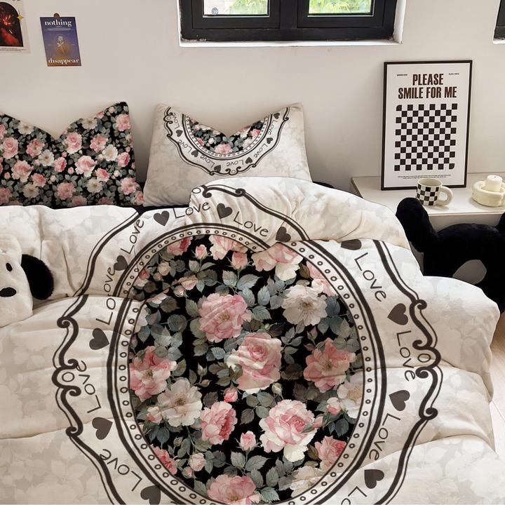 LUYEWEGER粉玫瑰庄园复古风牛奶绒四件套秋冬加厚保暖双面绒被套