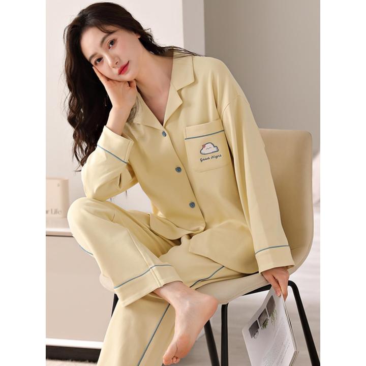 莉莉家睡衣女士宽松纯版云朵长袖开衫家居服大码套装35227