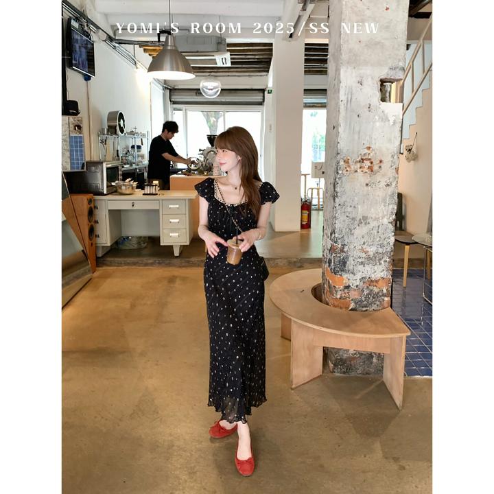 YOMI小个子【温柔仲夏】黑色碎花收腰显瘦气质连衣裙温柔甜美长裙