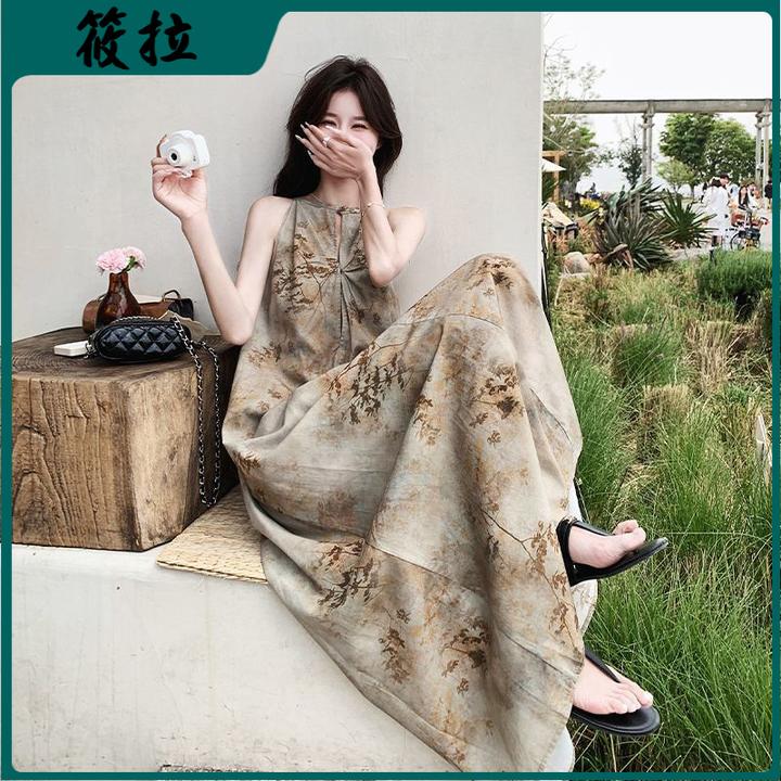 l超长款到脚踝新中式连衣裙女夏2025年新款水墨印花无袖裙子l