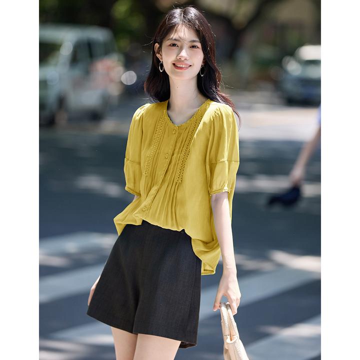 尚静街头风拼接褶皱花边圆领短袖衬衫2025夏季新款时尚休闲百搭