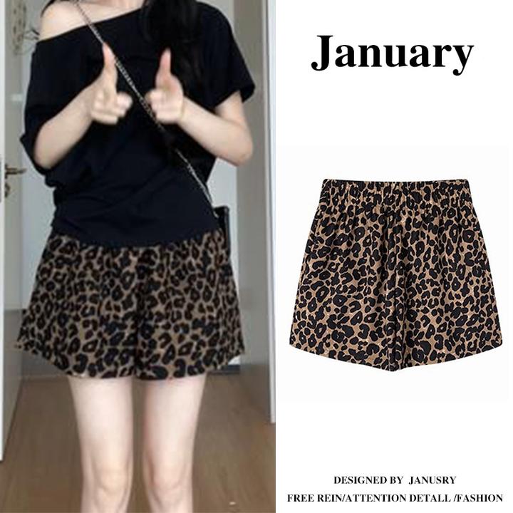 大码休闲豹纹短裤2025夏季胖MM小众高腰宽松显瘦阔腿热裤子-5340
