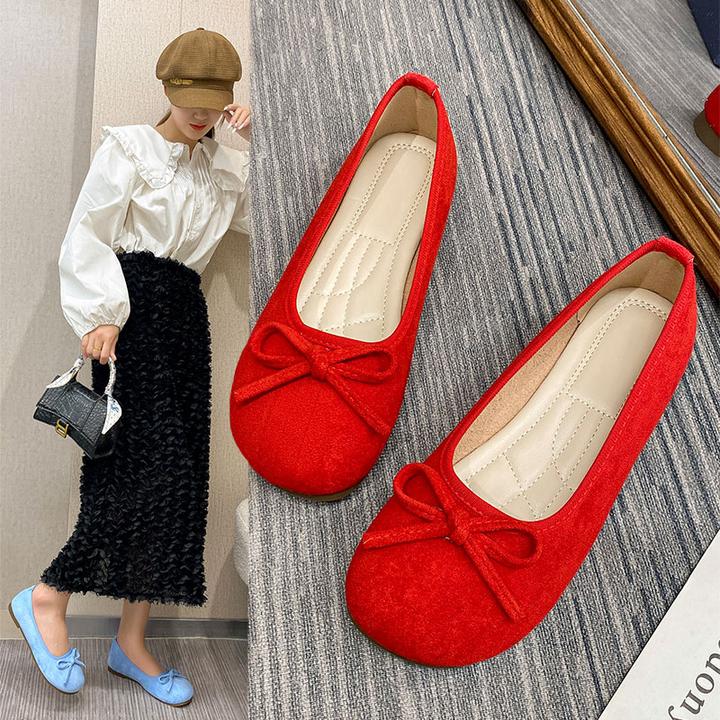 脚胖脚宽大码单鞋女绒面大码4143百搭配裙子的鞋子红色鞋子船鞋