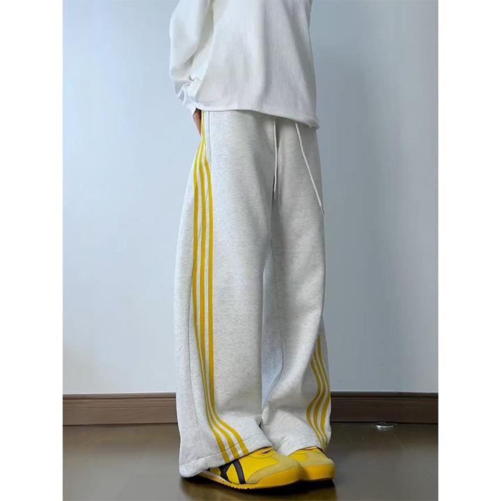 白灰色条纹拼接运动卫裤男款美式垂感弯刀三条杠直筒阔腿微喇裤子