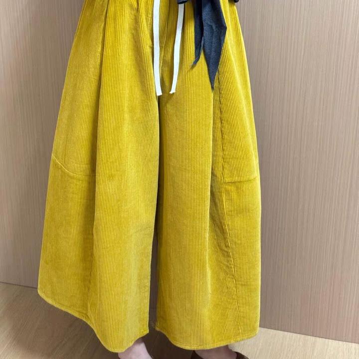 黄色松紧腰抽绳阔腿八分裤灯芯绒裤子2025秋冬新款韩版气质裤裙女