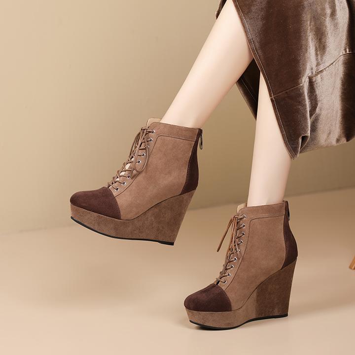 11cm磨砂羊皮厚底坡跟复古短靴秋冬拼色圆头系带踝靴时尚高跟女靴