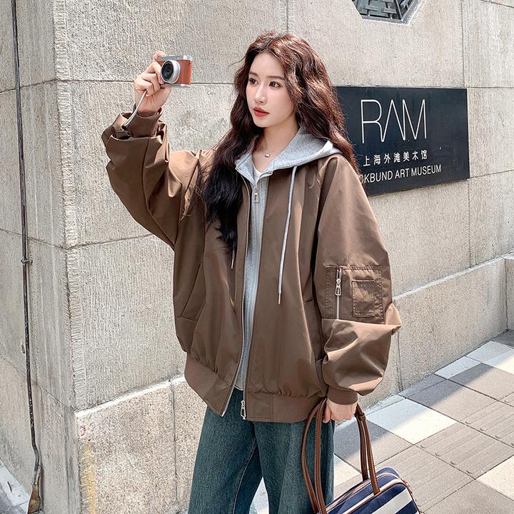 咖色假两件连帽休闲外套女春秋2025新款学院风气质流行爆款巨好看