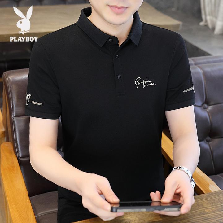 花花公子夏短袖Polo衫男修身百搭刺绣潮翻领上衣休闲商务薄款T恤