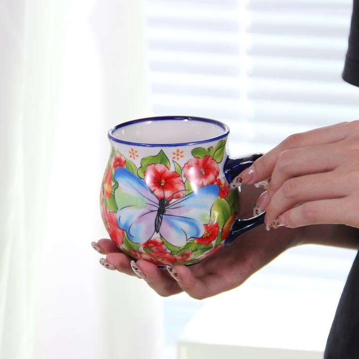 花间蝶语大肚杯田园风茶具无盖马克杯早餐杯一个装创意大容量手绘