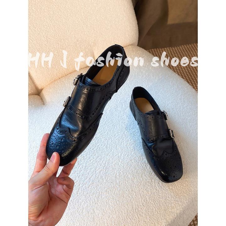 羊皮版~皮带扣复古英伦风女乐福鞋真皮单鞋百搭布洛克平底小皮鞋