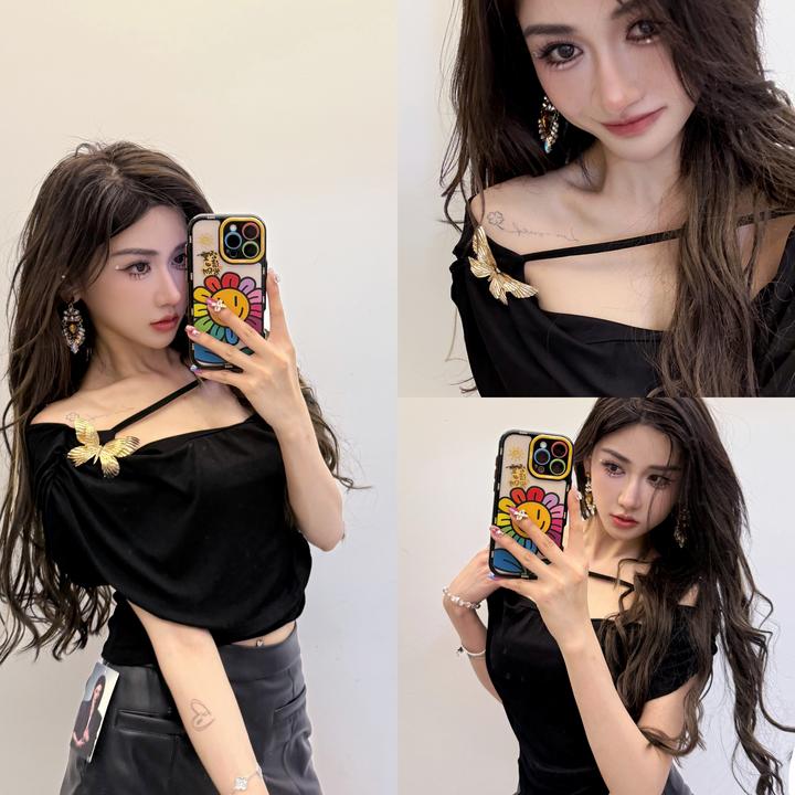 蝴蝶胸针荡领无袖显瘦上衣