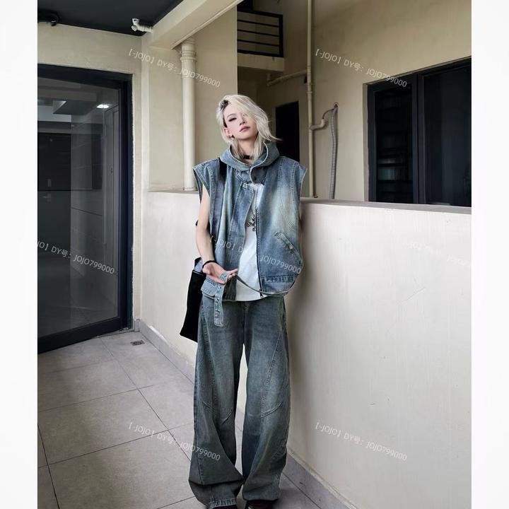 小众复古水洗做旧连帽无袖牛仔马甲外套宽松弯刀牛仔牛仔套装男装