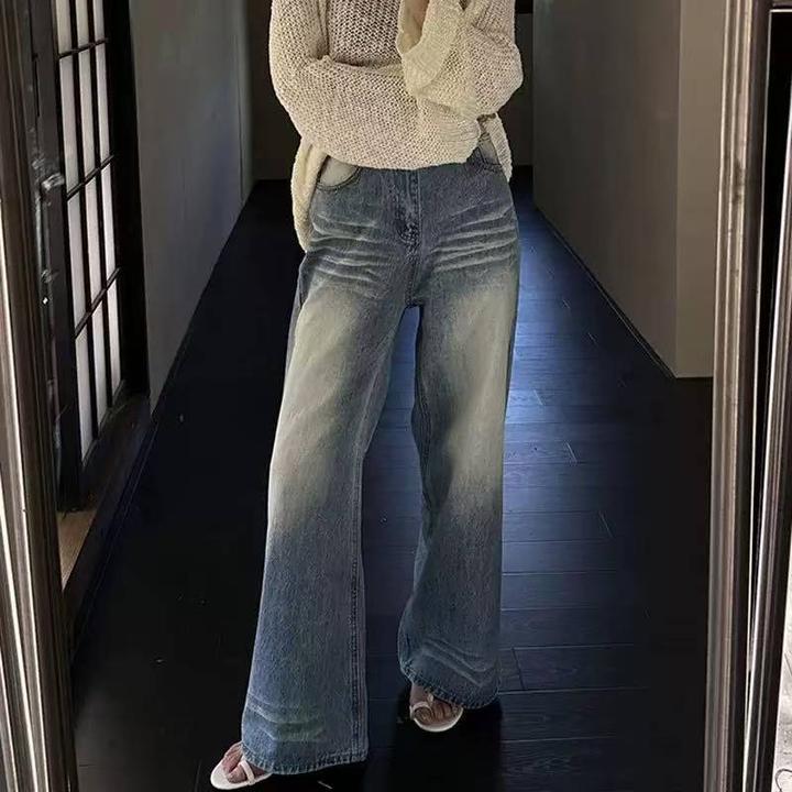 水洗磨白美式牛仔裤直筒裤女折痕设计胖mm大码宽松阔腿拖地长裤子