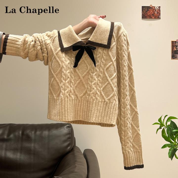 拉夏贝尔学院风翻领蝴蝶结针织套头毛衣女秋冬小个子打底外穿上衣