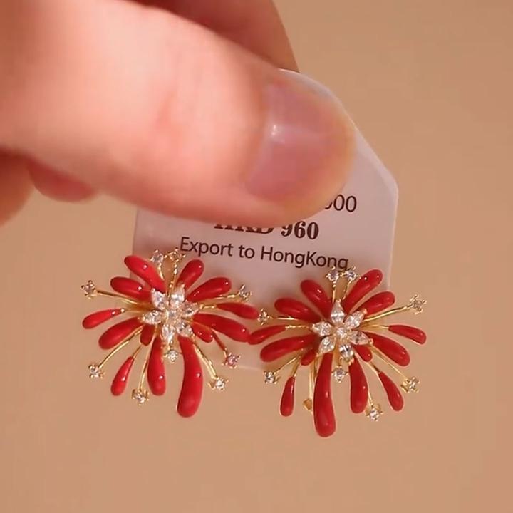 合金耳饰 红色闪钻烟花耳钉爆款小巧精致气质耳环适合冬天的耳饰