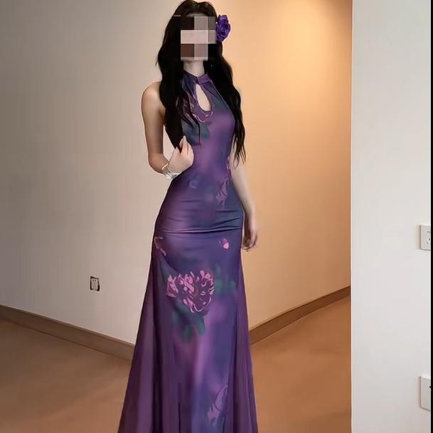 【紫色韵味】复古印花网纱拼接设计露肩旗袍新中式鱼尾连衣裙子女装