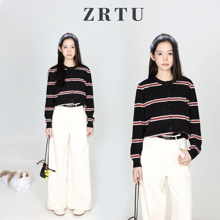 【ZRTU/执图】女士条纹撞色针织开衫毛衣ZR1986
