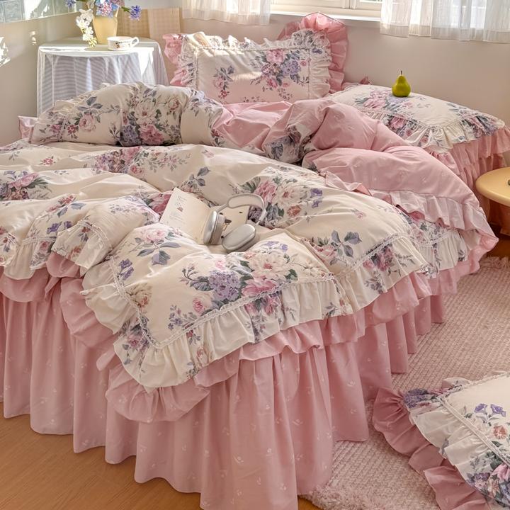 韩式床裙款全棉四件套花边公主风床上用品纯棉四件套少女心春季款