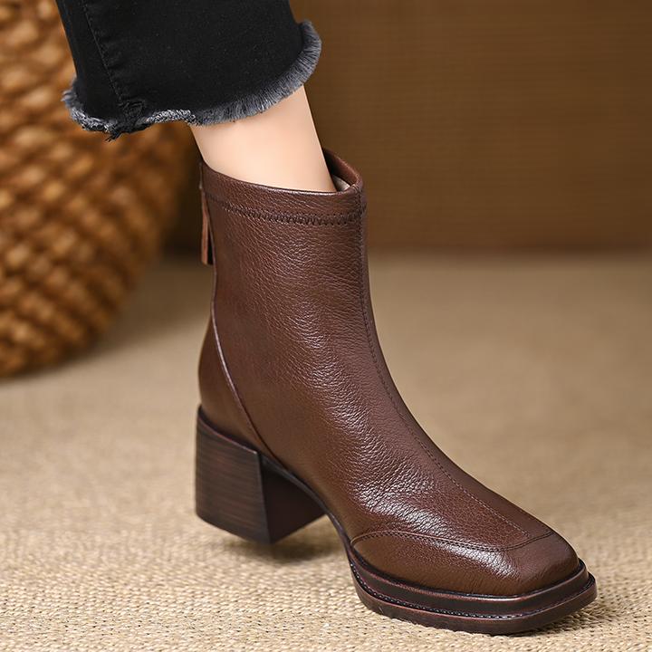不累脚5厘米中跟软羊皮瘦瘦靴复古方头粗跟短靴女后拉链短筒单靴
