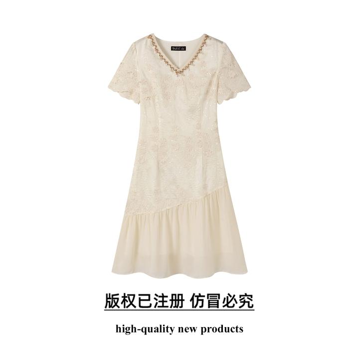 奢姿【浅棠染黄】女装2025夏季减龄荷叶边显瘦连衣裙时尚V领裙子