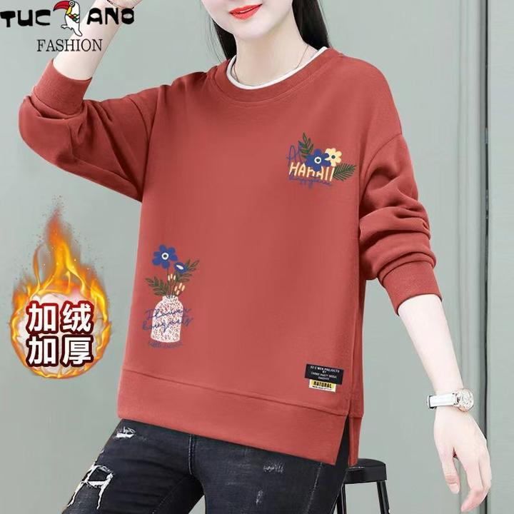 啄木鸟圆领秋冬季卫衣女新款中年妈妈装宽松大码气质新款卫衣女