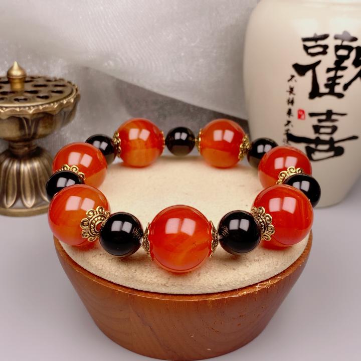 正品7A红玛瑙圆珠手串黑红双色玛瑙手链18mm珠径霸气男士手链G111