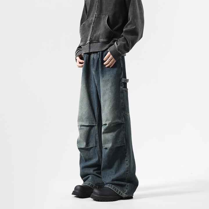 GS秋季做旧工装牛仔裤男士美式时尚潮牌水洗阔腿高街百搭长裤子男