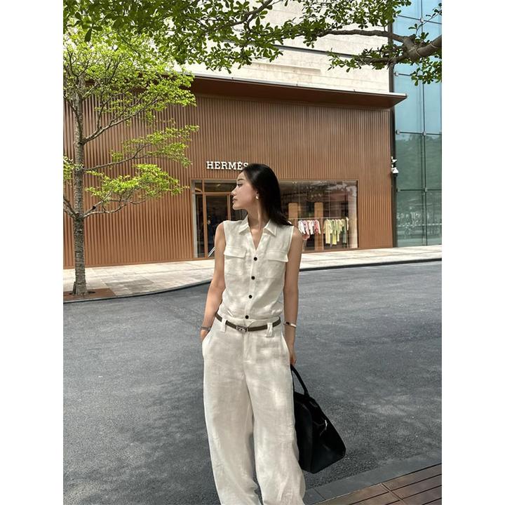 2025春夏季新款修身显瘦气质时尚无袖上衣休闲简约直筒宽松长裤女