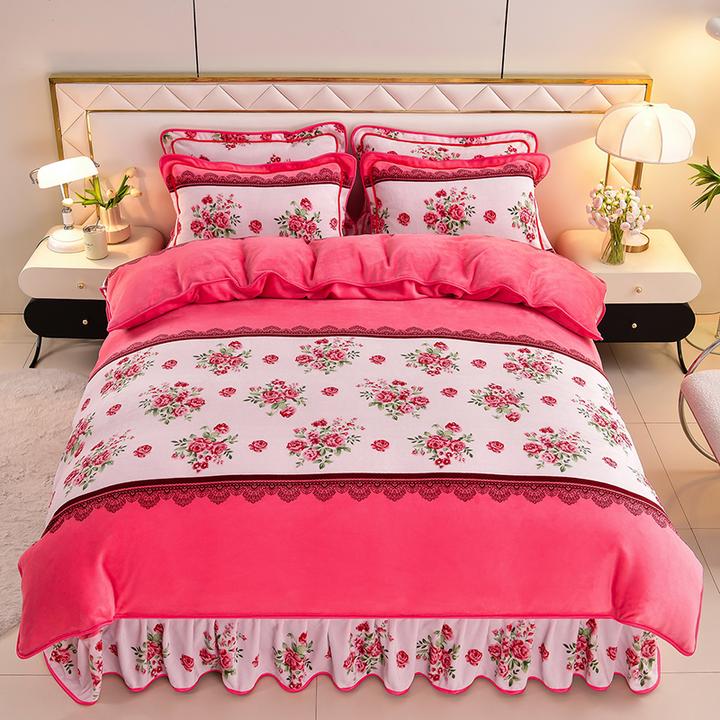 新款高克重牛奶绒四件套加厚保暖床单被套双面加绒床上用品床裙款